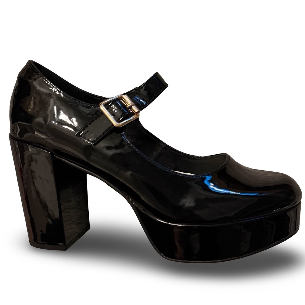 Coutgo Black Patent Leather Platform Mary Jane Block Heels Sz 11 NEW
